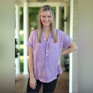 Zenana Washed Double Gauze Henley Top
